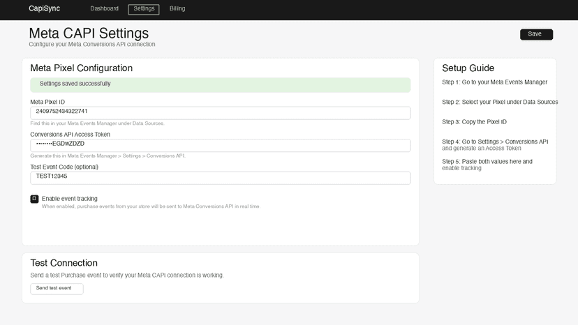 Settings page with Meta Pixel config, success banner, setup guid
