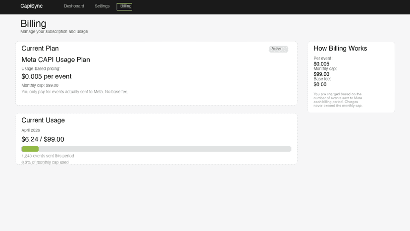 Billing page with usage plan, progress bar, pricing breakdown