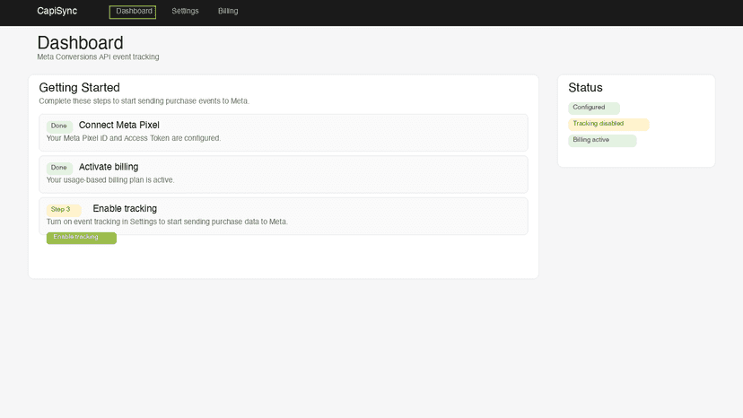 Onboarding checklist with 3-step setup flow and status sidebar.