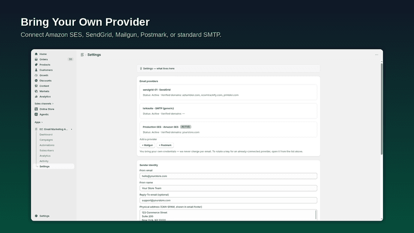 Connect Amazon SES, SendGrid, Mailgun, Postmark, or SMTP