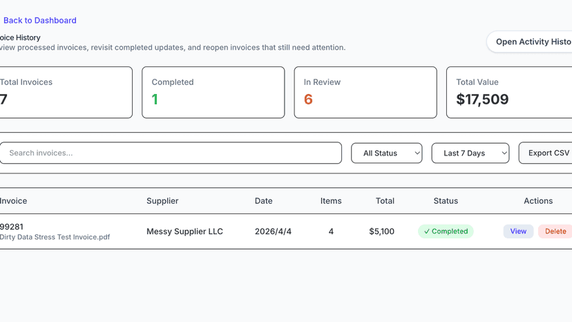 Invoice history and sync activity
