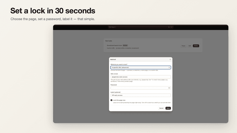 Add-lock dialog choosing a URL, password, and label