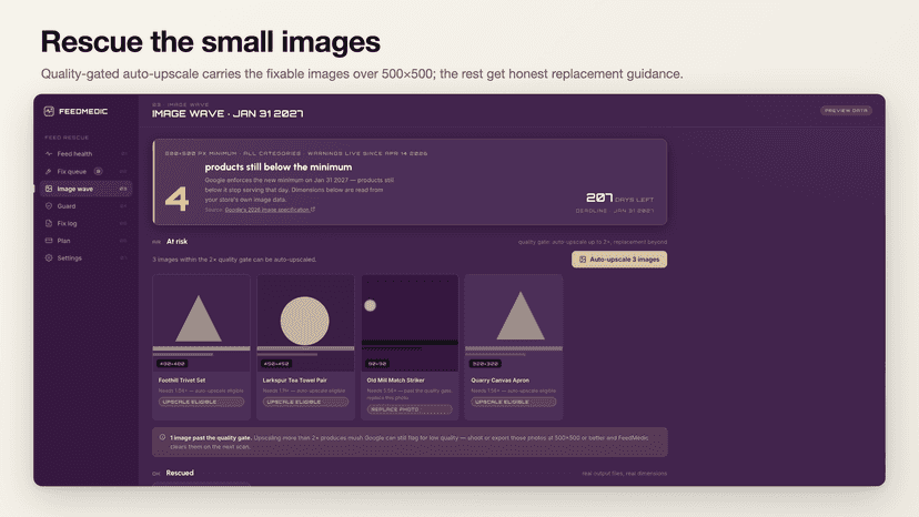 Image wave: at-risk images with quality-gated auto-upscale
