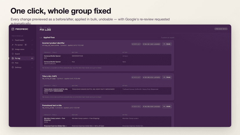 Fix log: before and after for every applied fix, with undo