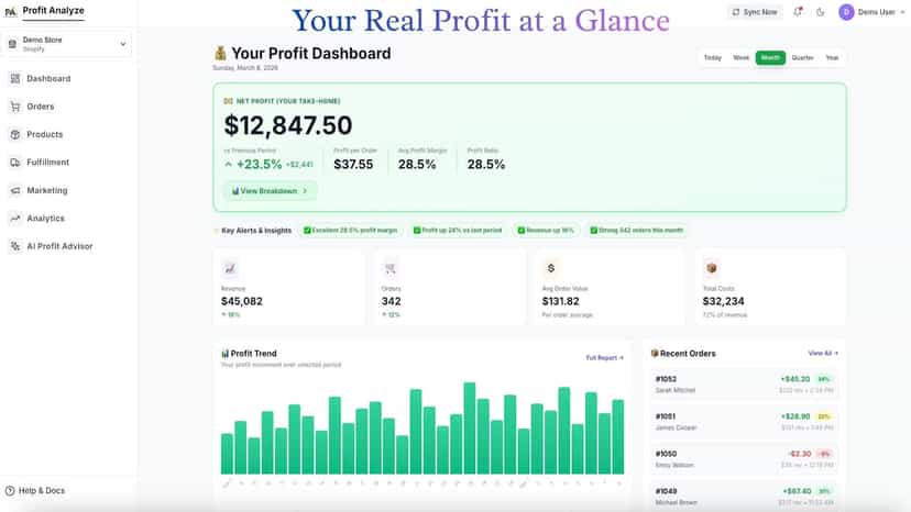 Profit Tracking Main Dashbaord Screen