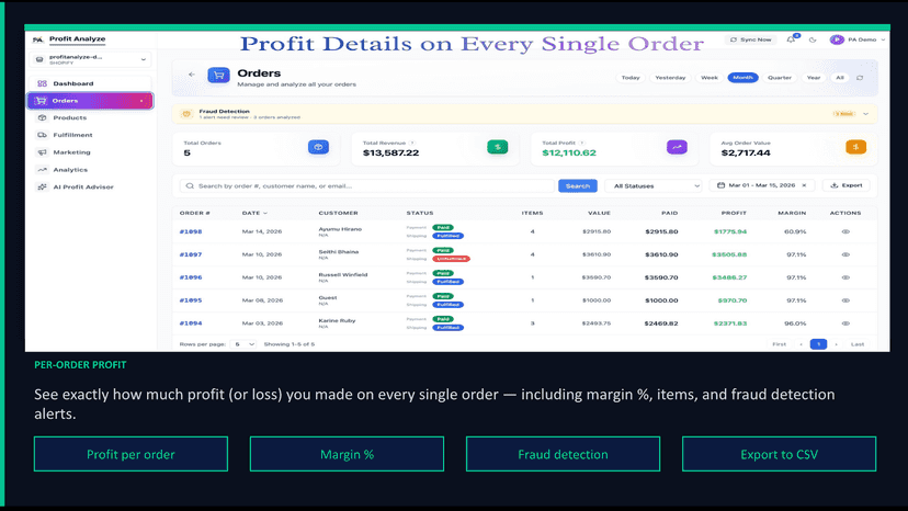 Profit Tracking Orders Screen