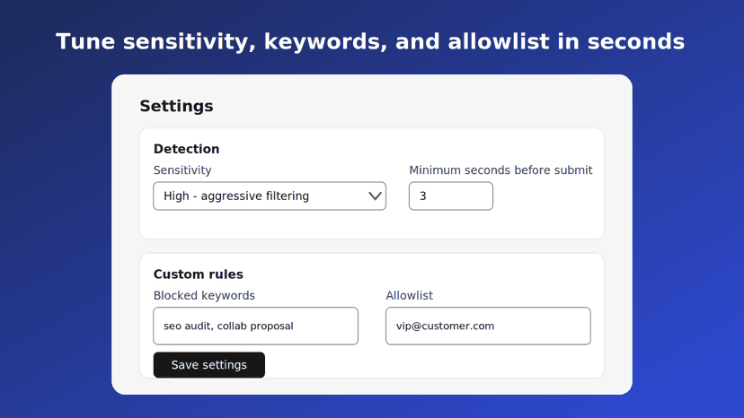 SpamNest settings for sensitivity, keywords and allowlist