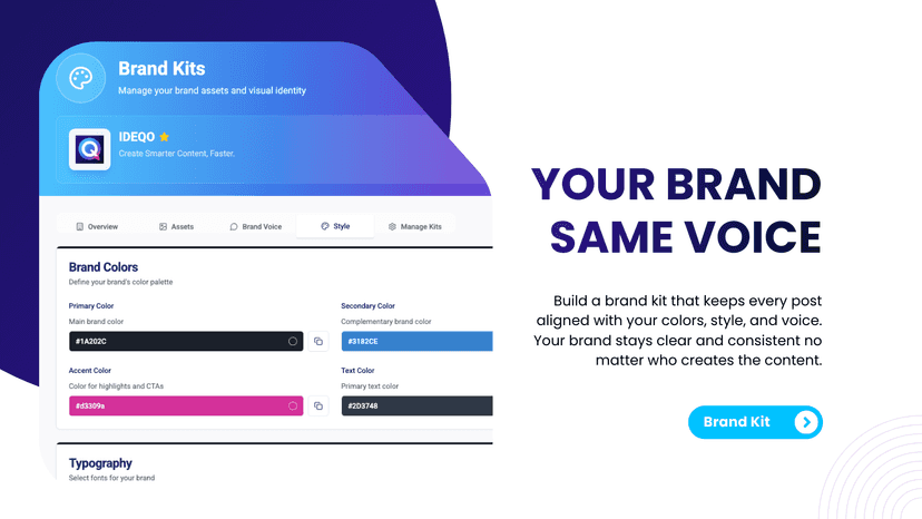IDEQO brand kit builder with colors typography and voice