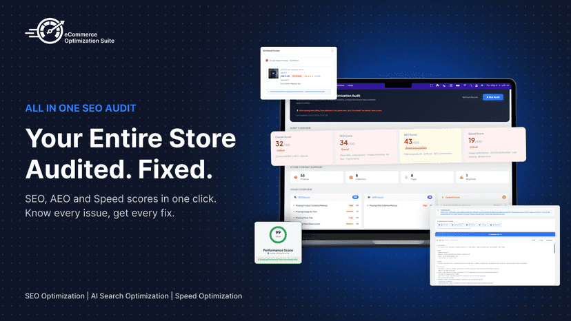 All-in-one Shopify SEO, AEO, and speed audit dashboard.