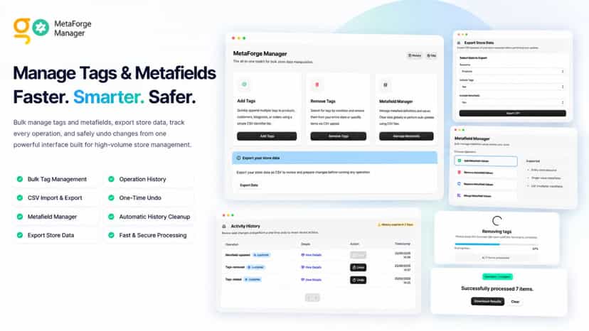 Metaforge app home page list all features.