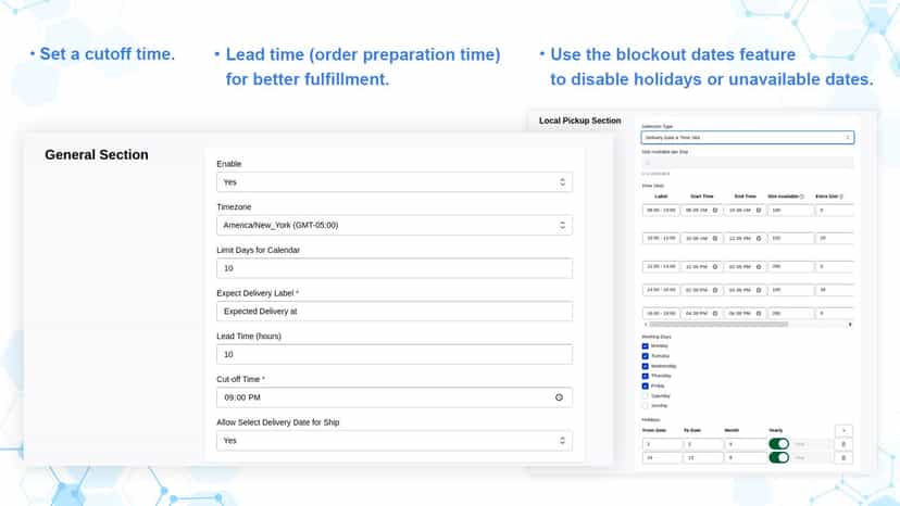 Disable holidays or unavailable dates with blockout dates.