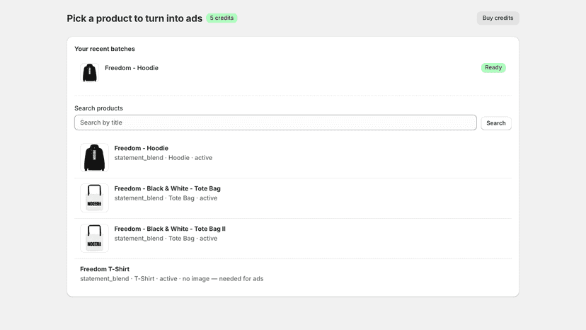 Product picker listing store products to turn into ads