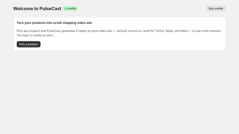 Welcome screen with a free first-batch credit