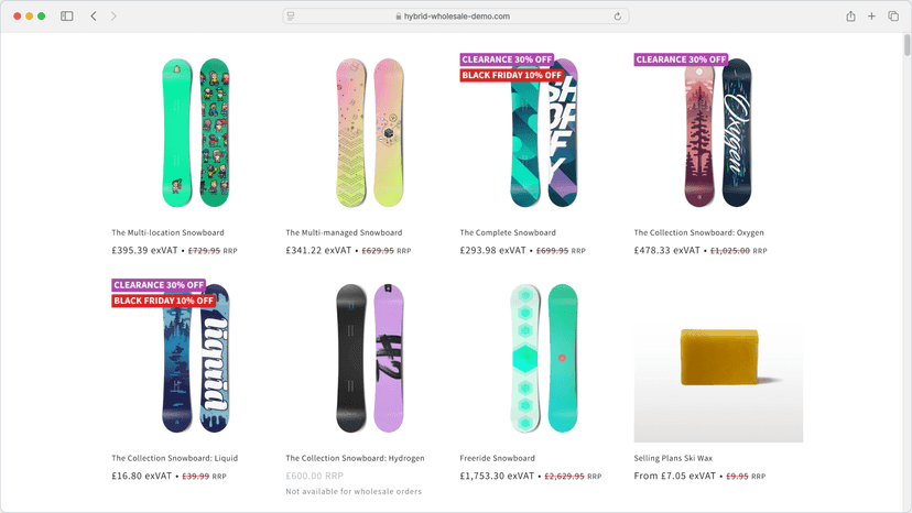 Wholesale collection grid with ex-VAT prices and badges