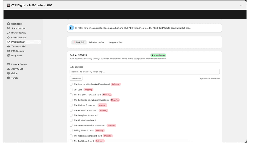 Full content seo app for shopify products generation with AI