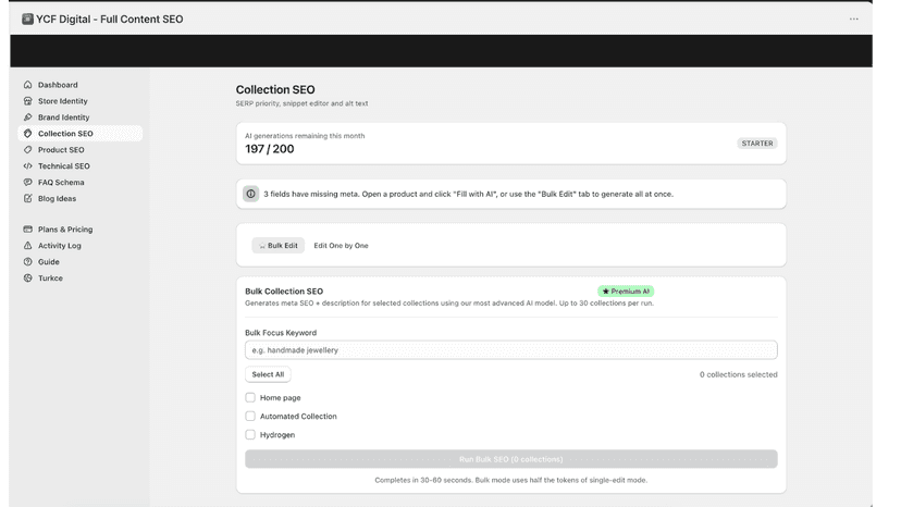 Full content seo app for shopify collection seo generation