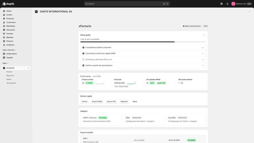 Panou principal: setup, ANAF, statistici si facturi recente