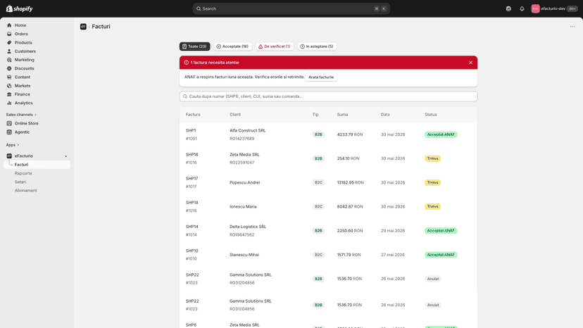 Lista facturi cu filtre, cautare si status ANAF per factura