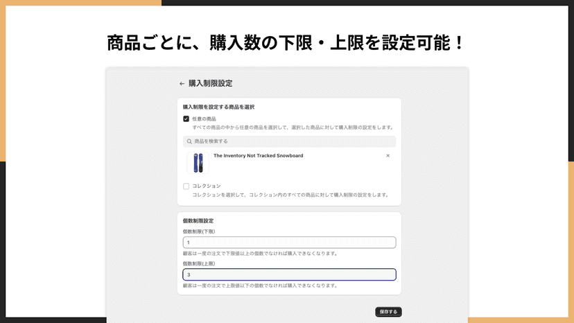 商品ごとに、購入数の下限・上限を設定可能!