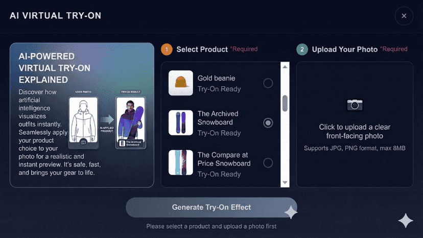 Drawer UI: choose a product, upload a photo, generate AI try-on.