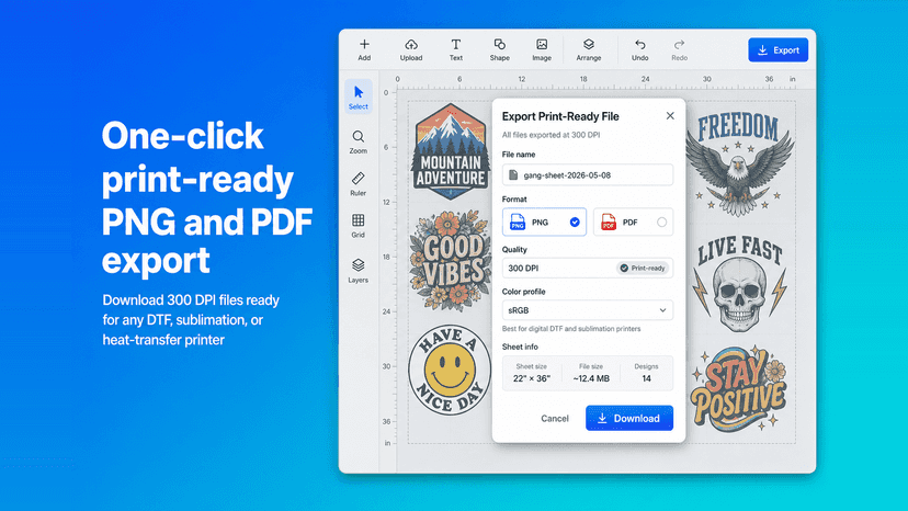 Export print-ready PNG and PDF gang sheet at 300 DPI