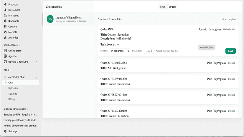 Update project work status and manage client delivery details.