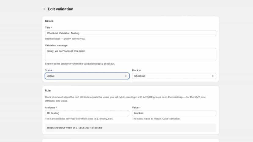 Edit validation screen showing fields.