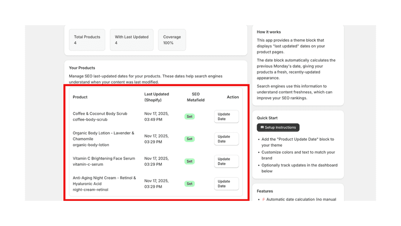 Product Update Date app dashboard showing 4 products with SEO la