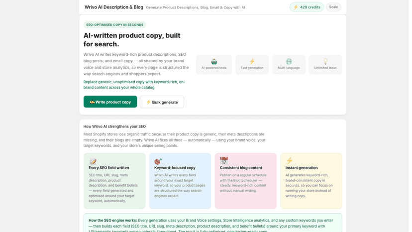 Wrivo AI dashboard for product copy