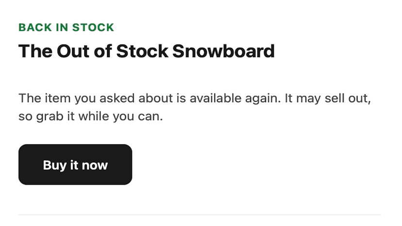 Back-in-stock email with a button linking to the product