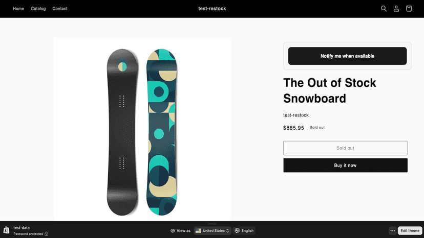 Sold-out product page with a "Notify me when available" button