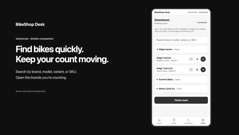 Mobile inventory count with search and collapsible brands