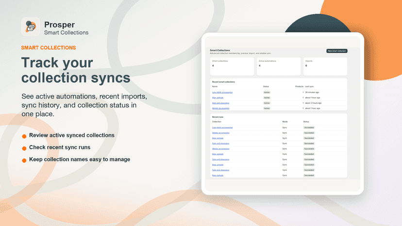 Dashboard showing active collections and successful syncs.