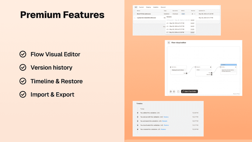 Premium features: visual editor, import export, version history