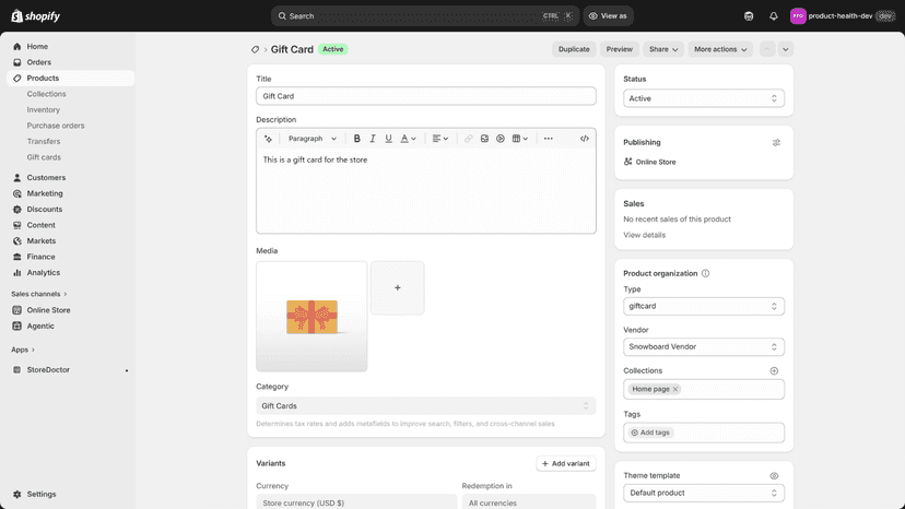 Shopify product editor opened from a flagged StoreDoctor issue