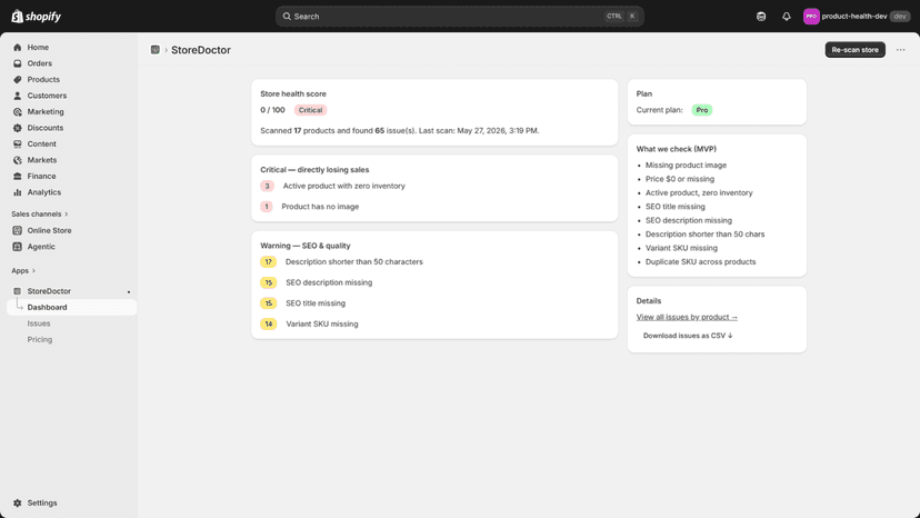 Health Score dashboard with critical and warning issue counts