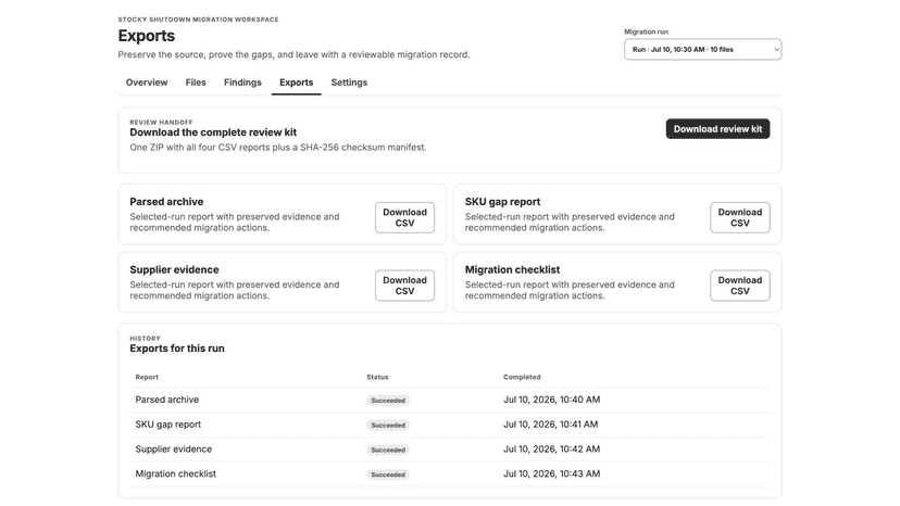 Migration CSV exports and checksum-manifest review kit.