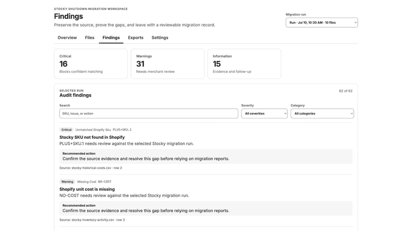 Audit findings with severity filters and recommended actions.