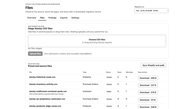 Files view with parsed statuses, warnings, and raw downloads.