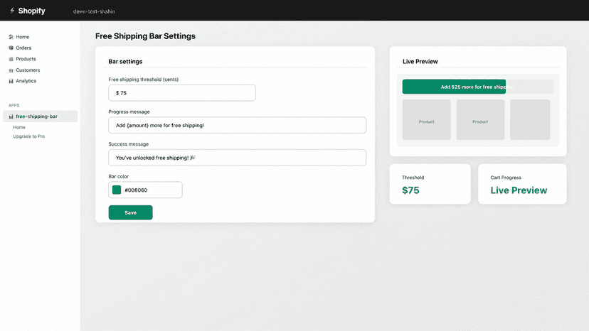 App settings page showing shipping goal and customization option