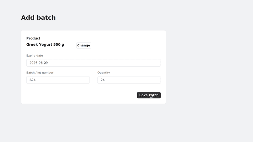Adding a batch with expiry date, lot number, and quantity