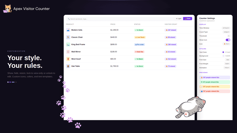 Theme editor settings for counter colors, icons, and text