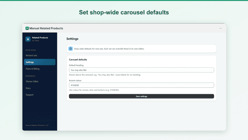 Settings for shop-wide carousel heading and colour