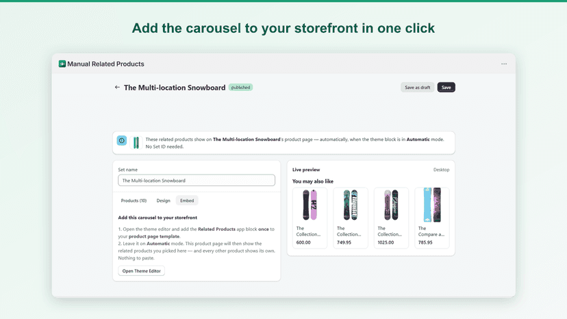 Embed tab with theme block and live carousel preview