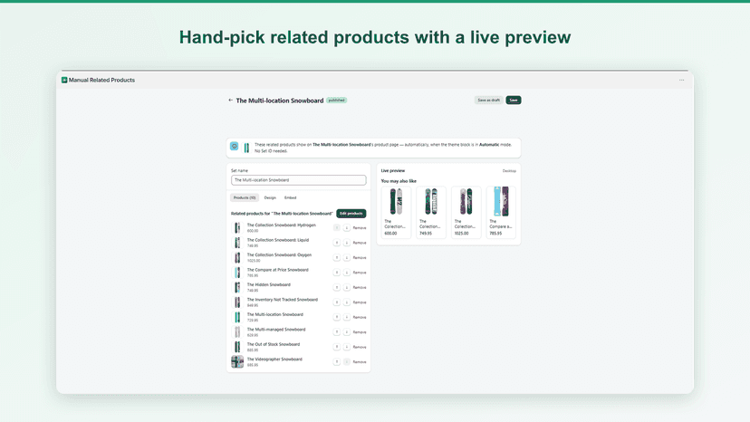 Editor to pick and reorder related products with preview