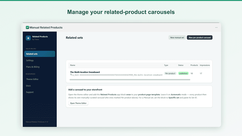 App dashboard listing related-product carousel sets