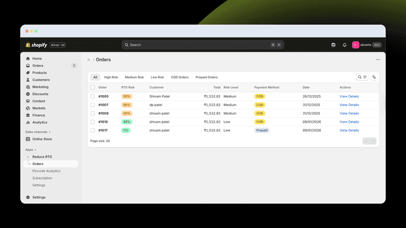 Shopify orders list with RTO risk indicators