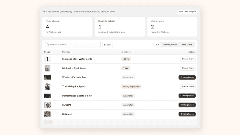 BrandShots dashboard showing each product's AI image status