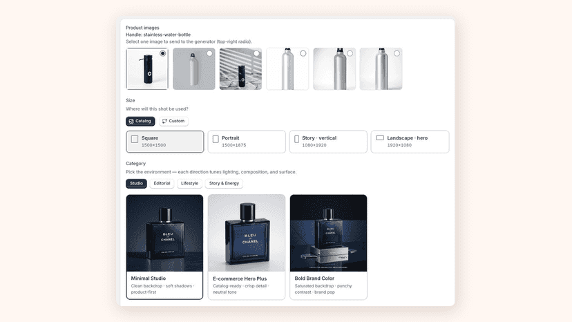Choosing image size, category, and style in BrandShots