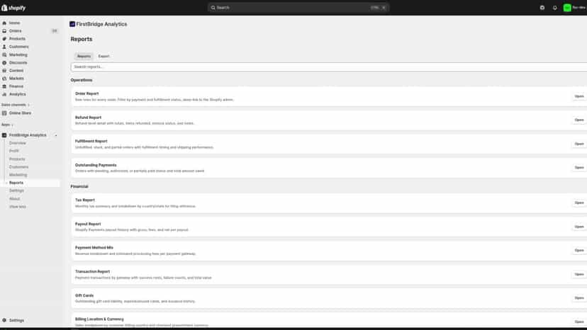 Custom reports — orders, refunds, returns, payouts, tax, and mor